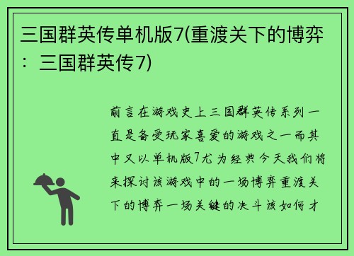 三国群英传单机版7(重渡关下的博弈：三国群英传7)